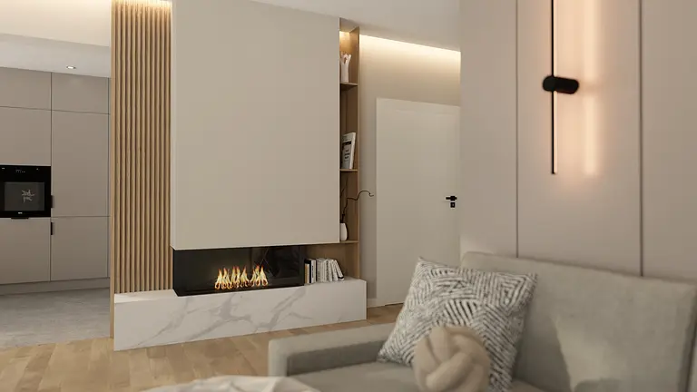 Wnętrze salonu w stylu japandi i minimalistycznym z kominkiem.