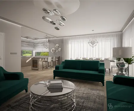 Wnętrze salonu w stylu glamour z zielonymi sofami, nowoczesnym oświetleniem i dużymi oknami.