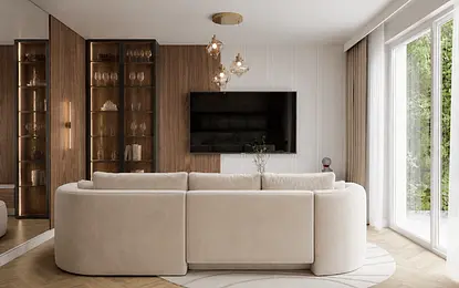 Wnętrze nowoczesnego salonu quiet luxury z jasną sofą i drewnianymi detalami.