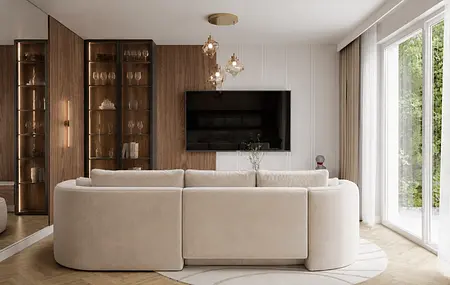 Wnętrze nowoczesnego salonu quiet luxury z jasną sofą i drewnianymi detalami.