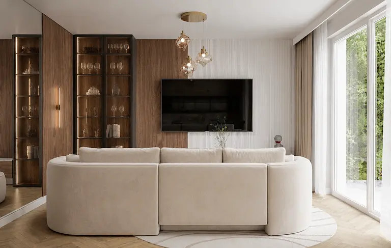 Wnętrze nowoczesnego salonu quiet luxury z jasną sofą i drewnianymi detalami.