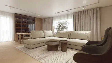 Wnętrze salonu w stylu minimaluxe z beżową sofą i drewnianymi akcentami.