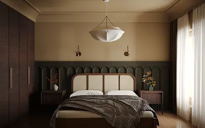 Wnętrze sypialni w stylu tradycyjnym i vintage z brązowym łóżkiem i dekoracjami.