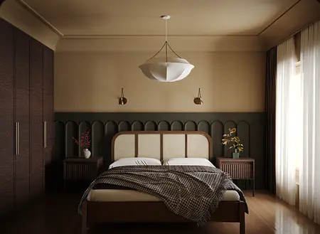 Wnętrze sypialni w stylu tradycyjnym i vintage z brązowym łóżkiem i dekoracjami.