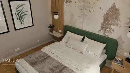Sypialnia w stylu japandi z zielonym łóżkiem i drewnianymi detalami.