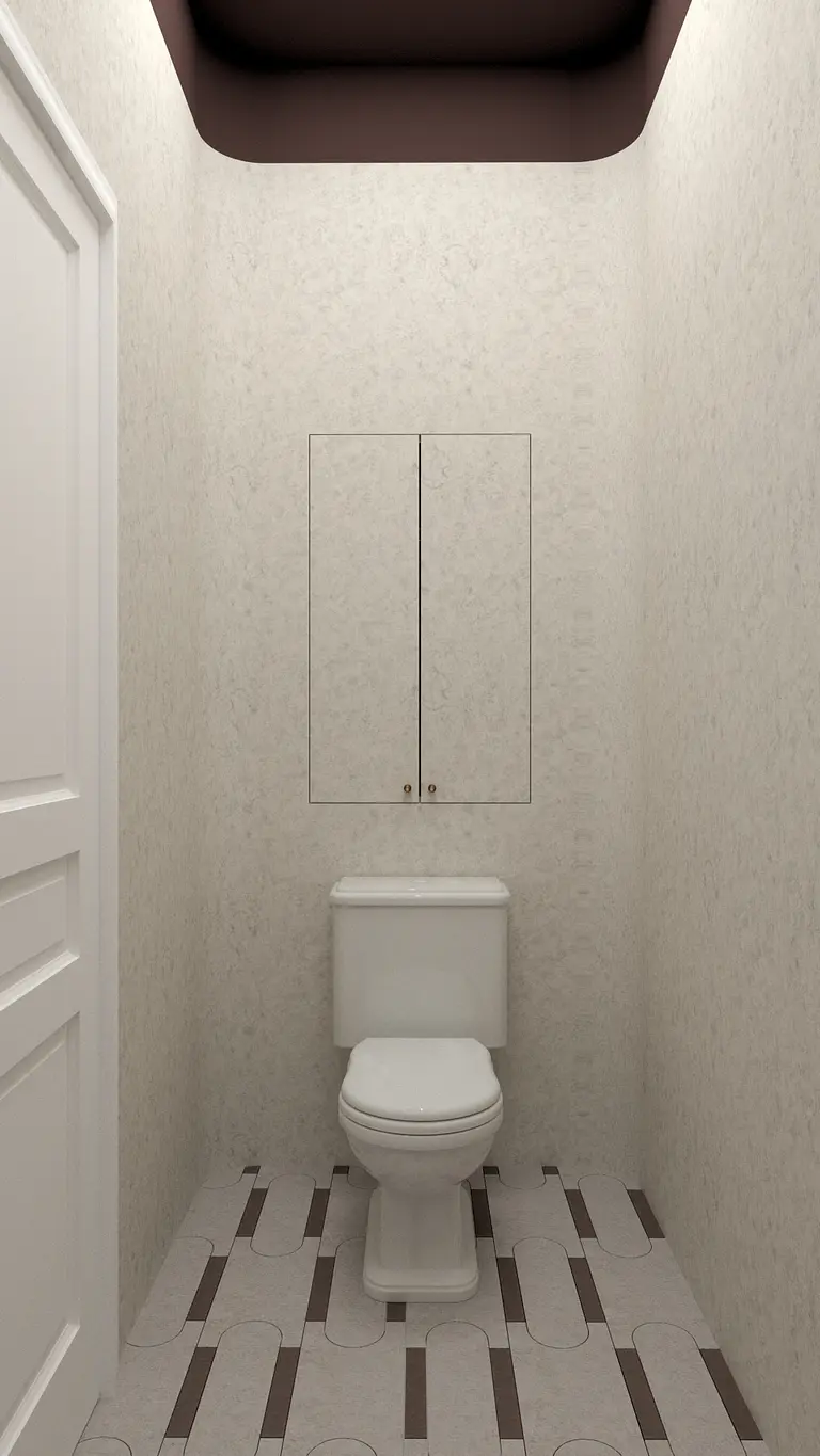 Toaleta z białym WC i szafką, styl art deco, minimaluxe, quiet luxury