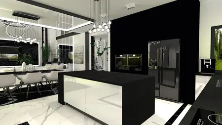Wnętrze kuchni w stylu art deco i glamour z czarnymi meblami i białymi detalami.