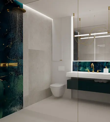 Nowoczesna łazienka z niebieską ścianą, złotymi detalami i minimalistycznym designem glamour.