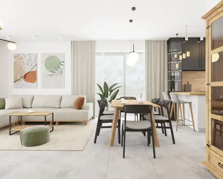 Wnętrze salonu w stylu boho z drewnianym stołem i szarymi płytkami.