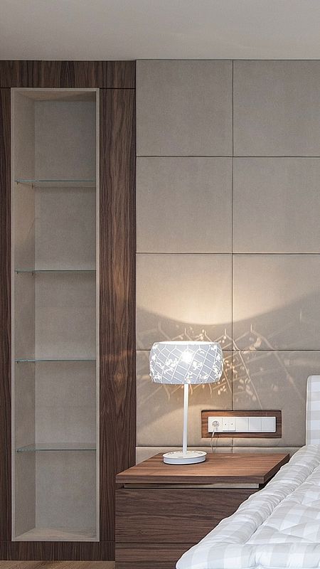 Wnętrze sypialni z eklektycznym designem, drewniana szafka, lampa nocna.