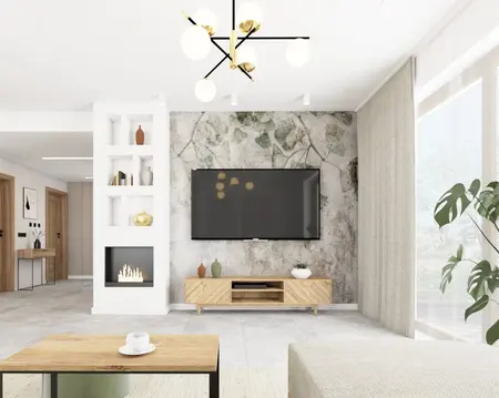 Nowoczesny salon z eklektycznymi meblami, boho i rustykalnymi akcentami