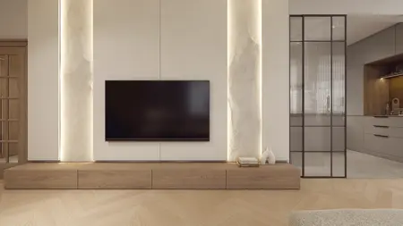 Nowoczesny salon z telewizorem na drewnianej szafce, minimalistyczne detale.