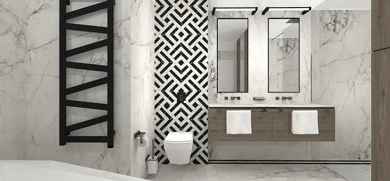 Nowoczesna łazienka z czarnymi i białymi elementami oraz drewnianymi detalami, styl dopamine decor.