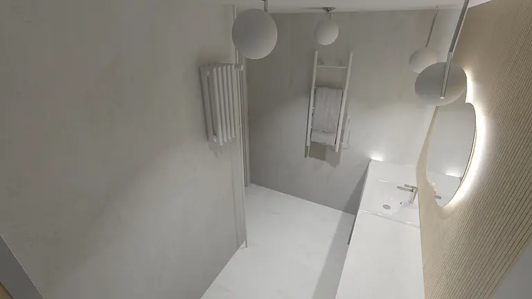 Minimalistyczna łazienka w stylu nowoczesnym i skandynawskim z szarymi ścianami.