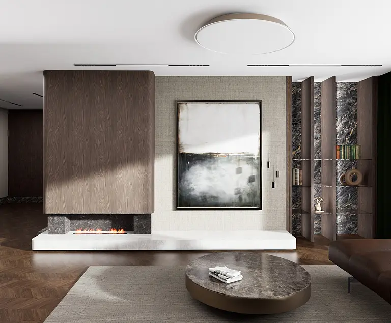 Wnętrze eklektyczne z kominkiem, dużym oknem i elementami quiet luxury