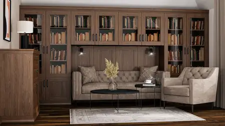 Wnętrze salonu z brązową sofą, biblioteczką i nowoczesnymi akcentami.