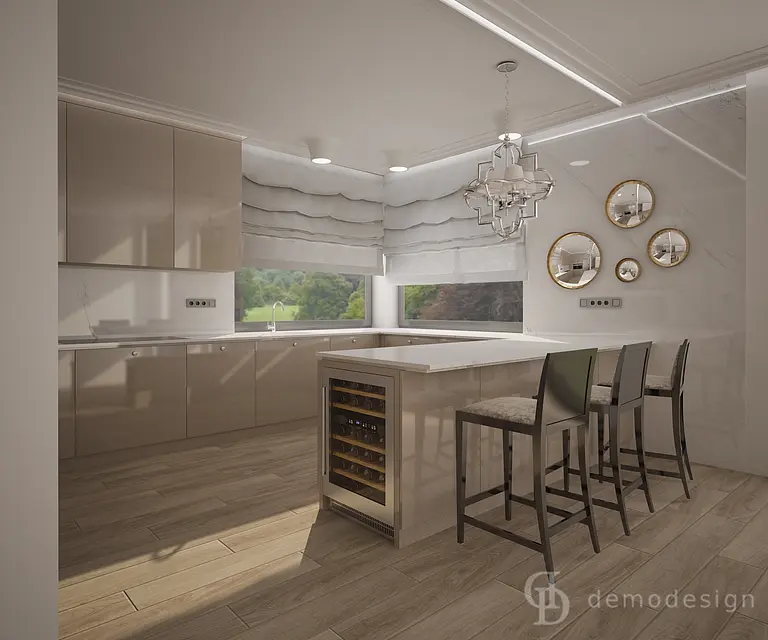 Nowoczesna kuchnia z beżowymi meblami, marmurowym blatem, glamour i quiet luxury.