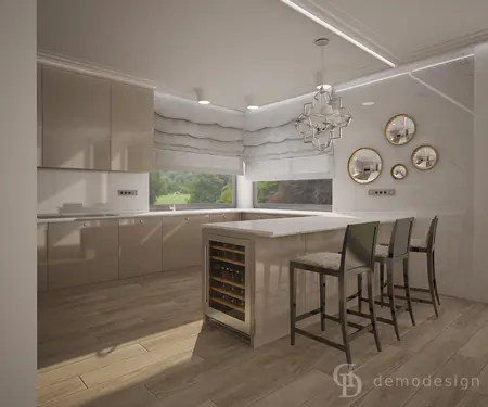 Nowoczesna kuchnia z beżowymi meblami, marmurowym blatem, glamour i quiet luxury.