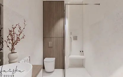 Nowoczesna łazienka w stylu soft minimalizm z drewnianymi elementami.