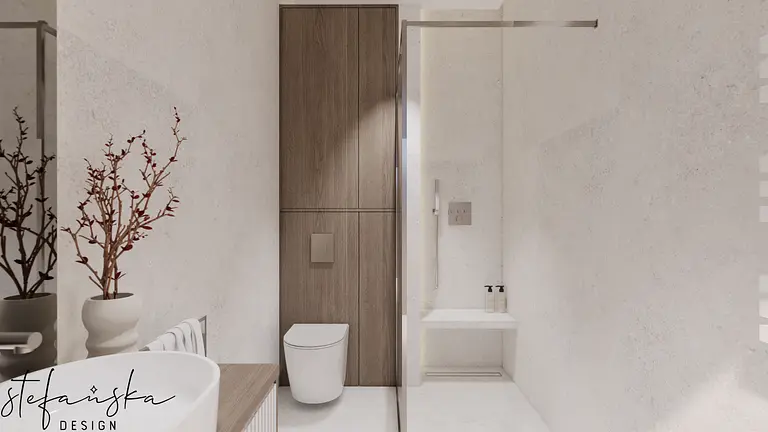 Nowoczesna łazienka w stylu soft minimalizm z drewnianymi elementami.