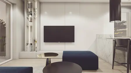 Nowoczesne wnętrze salonu z niebieskimi pufami i telewizorem, styl minimaluxe.