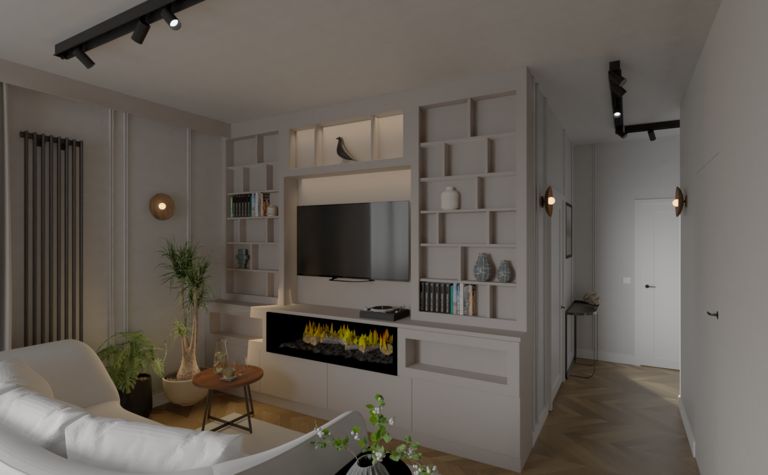 Wnętrze salonu z sofą, telewizorem i roślinami w stylu soft minimalizm oraz współczesnym.