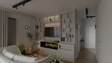 Wnętrze salonu z sofą, telewizorem i roślinami w stylu soft minimalizm oraz współczesnym.