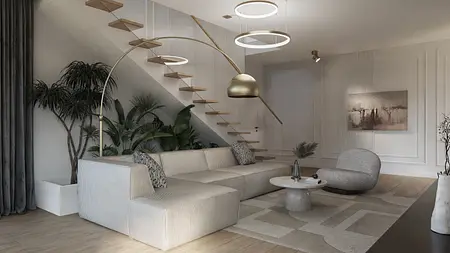 Wnętrze nowoczesnego salonu z jasną sofą, roślinami i designerskimi lampami.