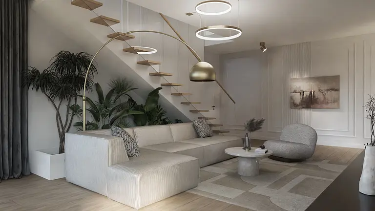 Wnętrze nowoczesnego salonu z jasną sofą, roślinami i designerskimi lampami.