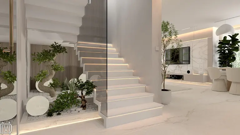 Wnętrze z białymi schodami, roślinami i nowoczesnym telewizorem w stylu glamour, japandi, quiet luxury.