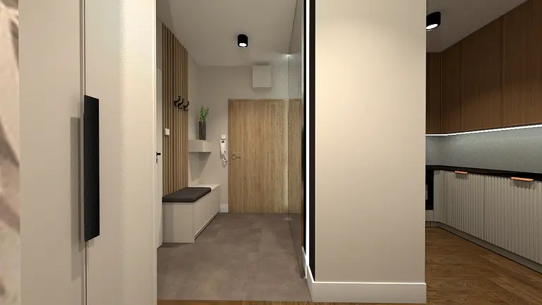 Wnętrze nowoczesnego przedpokoju z beżowymi ścianami i drewnianymi detalami.