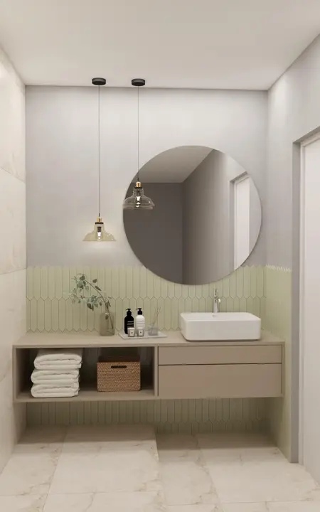 Nowoczesna łazienka w stylu japandi z minimalistycznymi meblami.