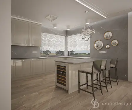 Wnętrze kuchni w stylu glamour, nowoczesnym i quiet luxury z beżowymi meblami.