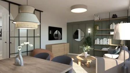 Wnętrze salonu w stylu boho i japandi z zieloną ścianą.