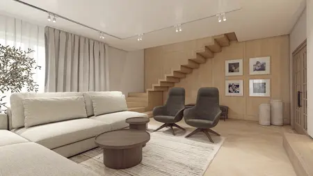 Wnętrze salonu z szarymi meblami, drewnianymi akcentami w stylu minimaluxe i nowoczesnym.