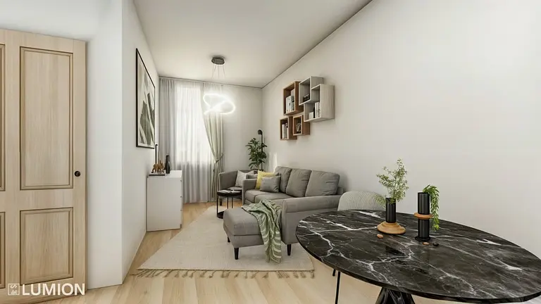 Wnętrze salonu w stylu boho i współczesnym z szarymi meblami i roślinami.