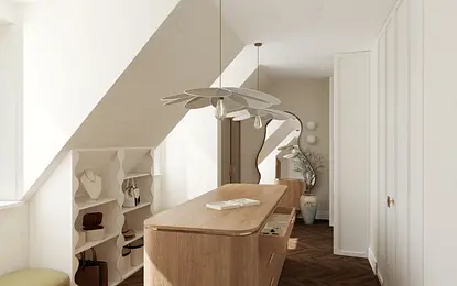 Wnętrze w stylu art deco i soft minimalizm z drewnianym biurkiem