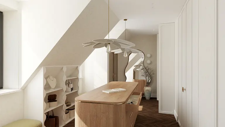 Wnętrze w stylu art deco i soft minimalizm z drewnianym biurkiem
