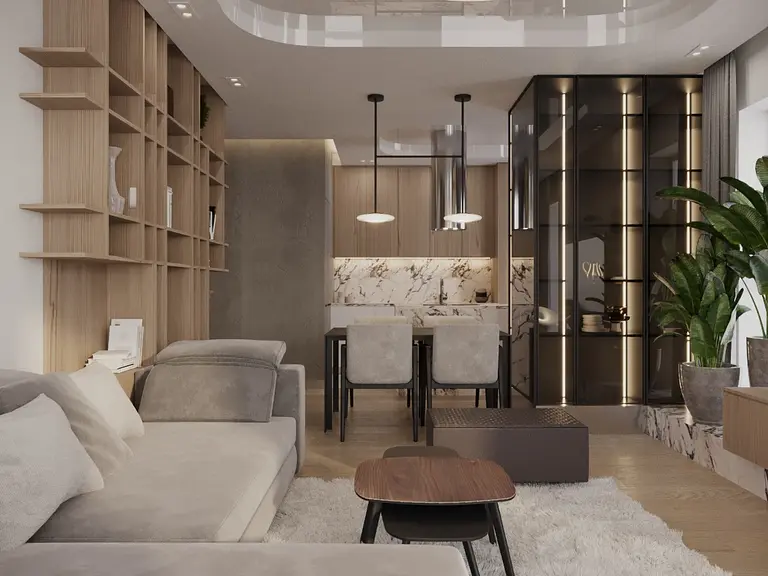 Nowoczesne wnętrze salonu w stylu glamour z minimalistycznym wyposażeniem.