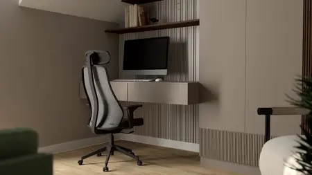 Nowoczesne biuro z ergonomiczny fotelem i komputerem