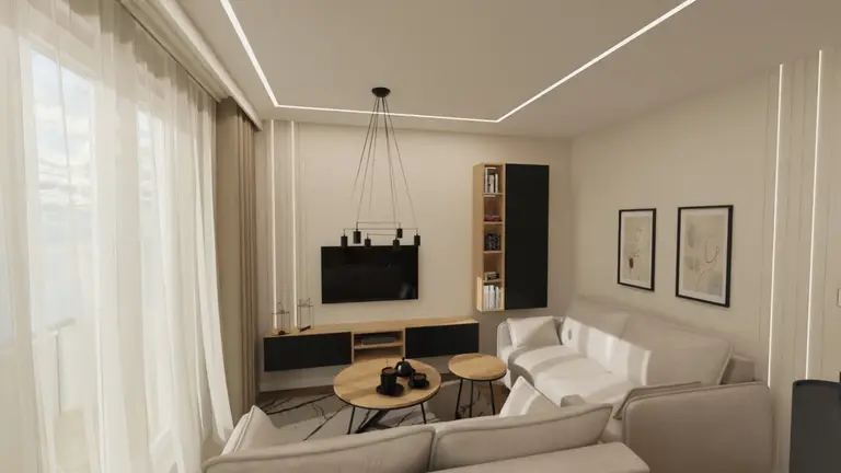 Wnętrze salonu z minimalistycznym wystrojem, nowoczesnymi meblami oraz jasnymi akcentami.