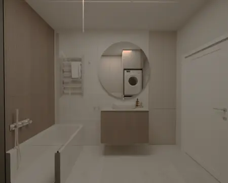 Wnętrze nowoczesnej łazienki w stylu soft minimalizm z drewnianymi akcentami.
