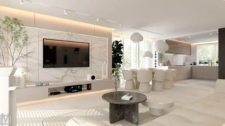Wnętrze salonu z białymi meblami, drewnianym stołem i elementami stylu glamour, japandi oraz quiet luxury