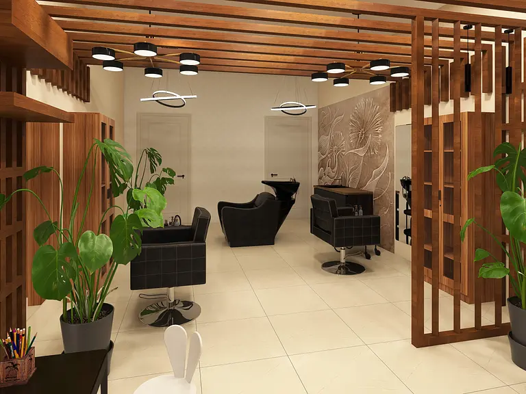 Eklektyczne wnętrze salonu z industrialnym oświetleniem i roślinami.