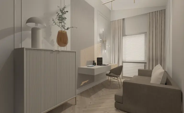 Wnętrze gabinetu z biurkiem, rośliną i jasnymi kolorami w stylu glamour.