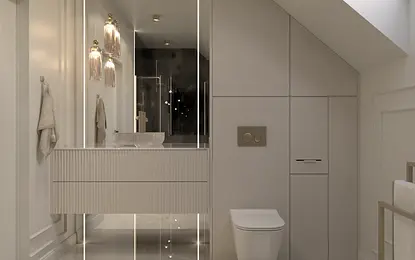 Nowoczesna łazienka z białą umywalką i szarymi detalami, styl glamour.