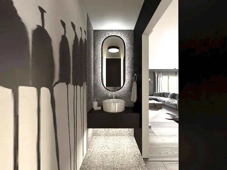 Nowoczesna łazienka z minimalistycznym designem, eklektyczne akcenty.