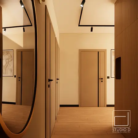 Przedpokój w stylu japandi i minimalistycznym z drewnianymi elementami
