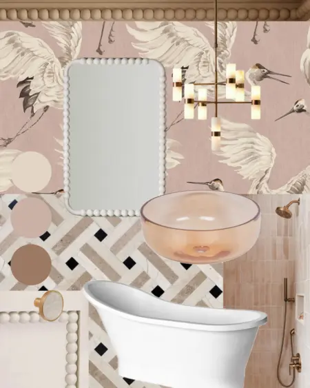Wnętrze łazienki z wanną, lustrem i subtelnym wzorem ściany w stylu art deco, boho, minimalistycznym.