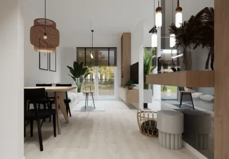 Wnętrze jadalni w stylu minimalistycznym i soft minimalizm z drewnianym stołem i roślinami.